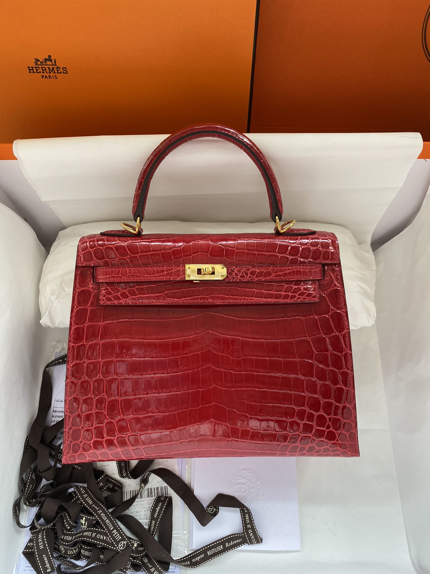 Hermes Kelly 25cm Handbag Shoulder Bag In Red Shiny Crocodile Niloticus Leather